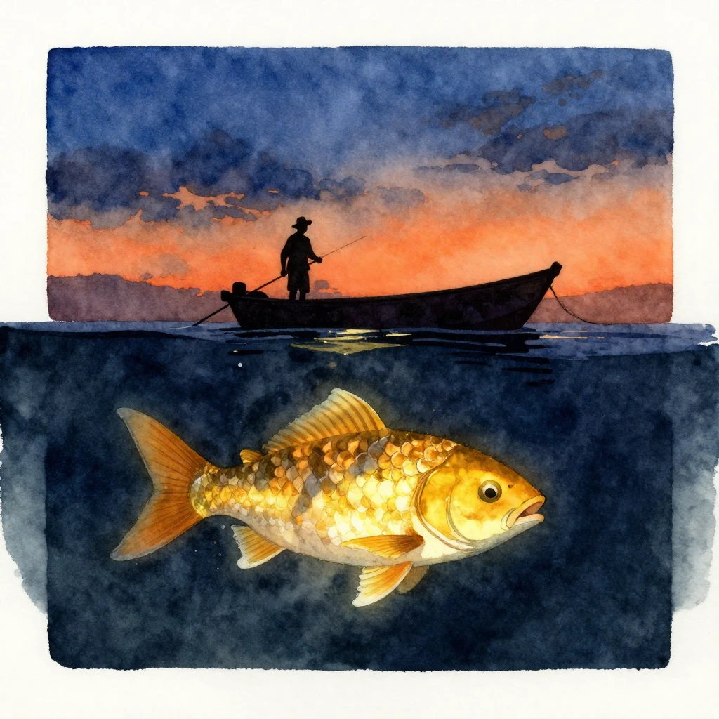 Watercolor painting, silhouette of a lone fisherman in a sma...