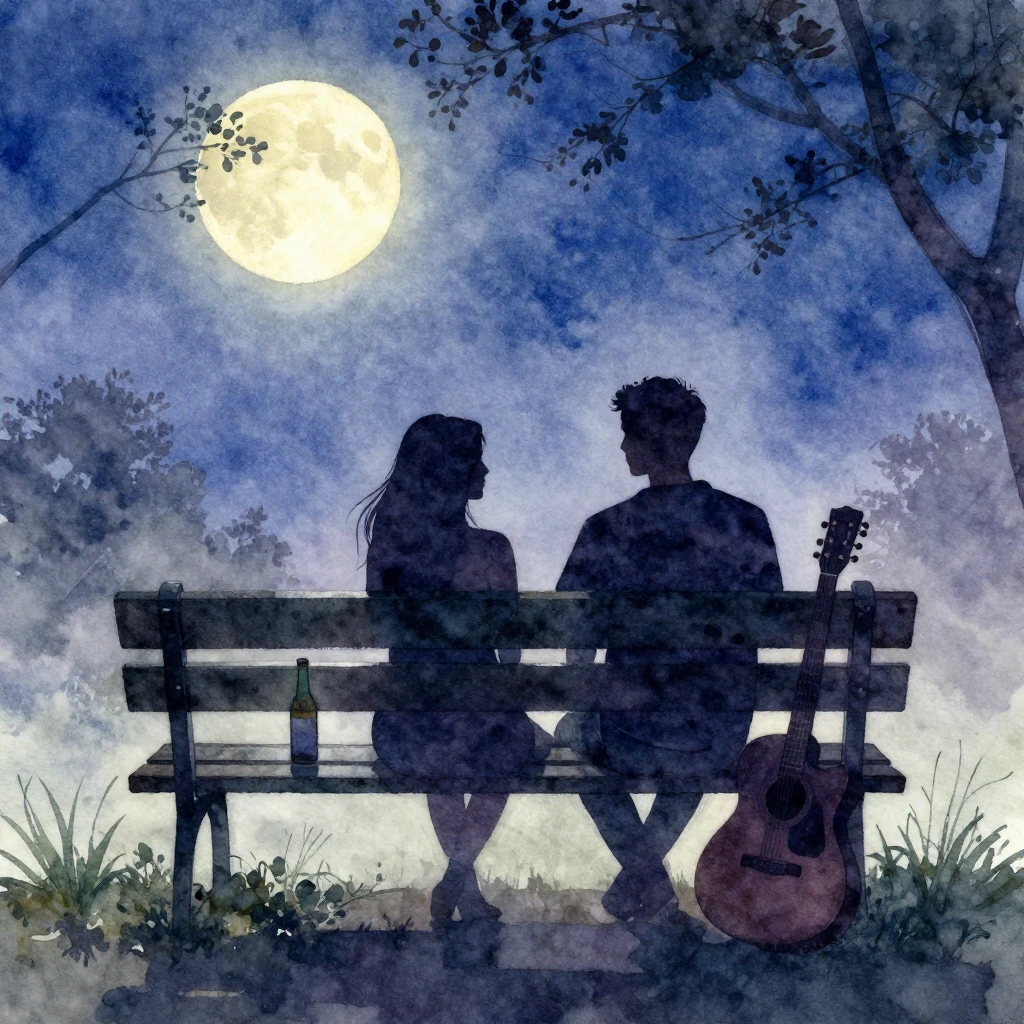 Vibrant watercolor style. Moonlit park bench, two silhouette...