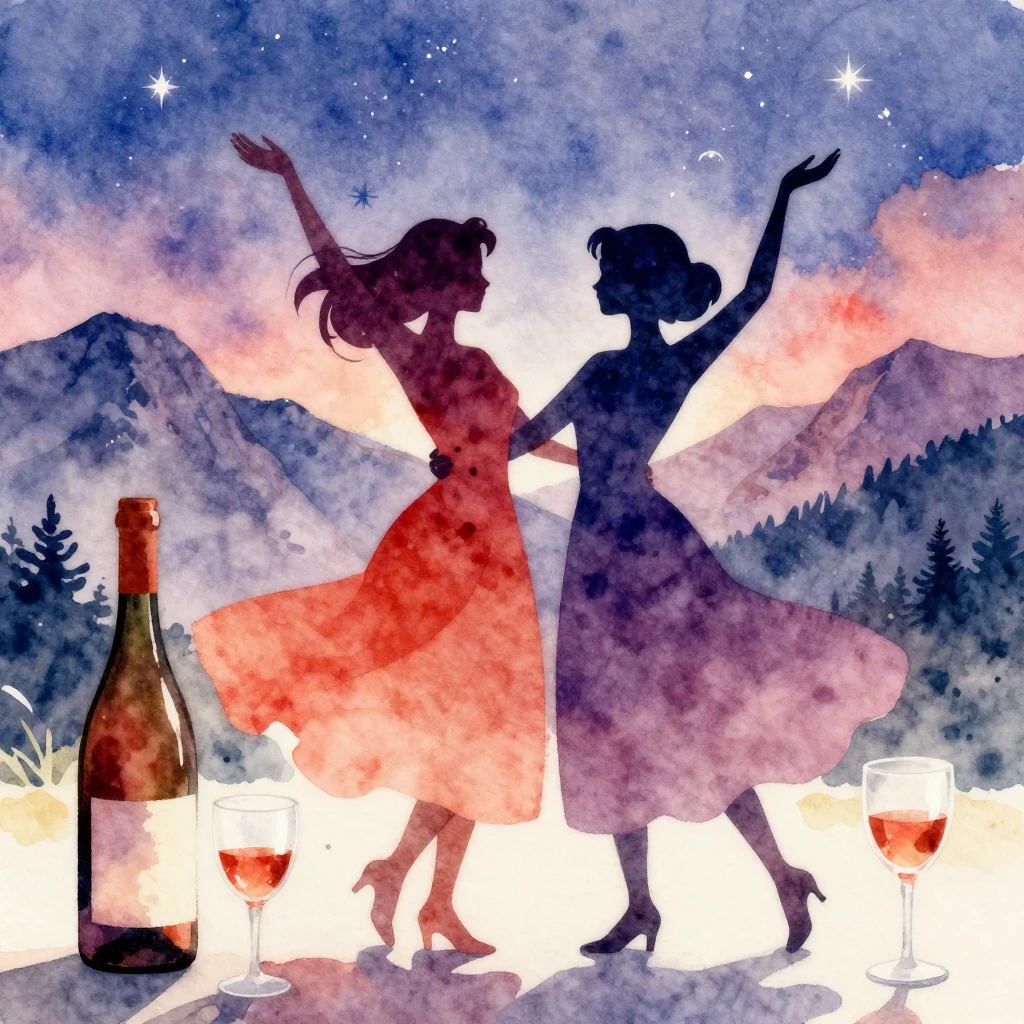 Vibrant watercolor style. A stylized silhouette of two women...