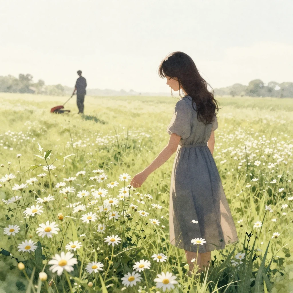 A silhouette of a young woman in a long dress picking daisie...