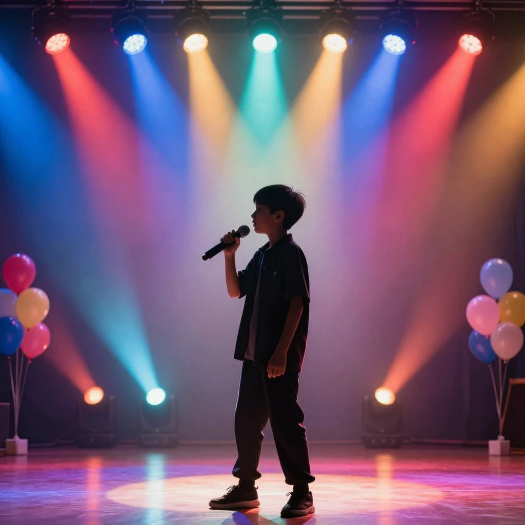 A bright school stage with colorful spotlights illuminating ...