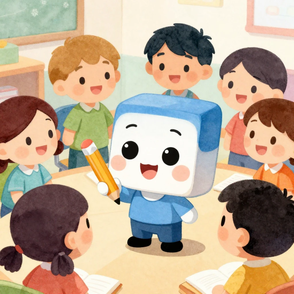 A cute, friendly cartoon eraser character, named Melkash, wi...