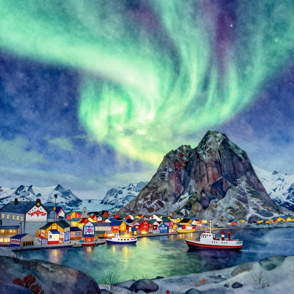 Vibrant watercolor style northern lights over granite hills ...