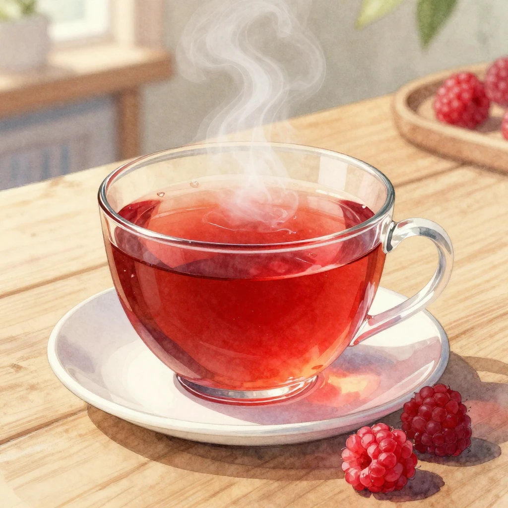 A vibrant watercolor painting of a steaming cup of raspberry...