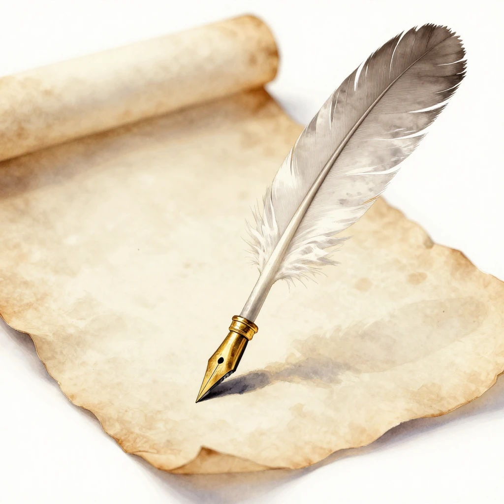 A detailed watercolor illustration of a white feather quill ...