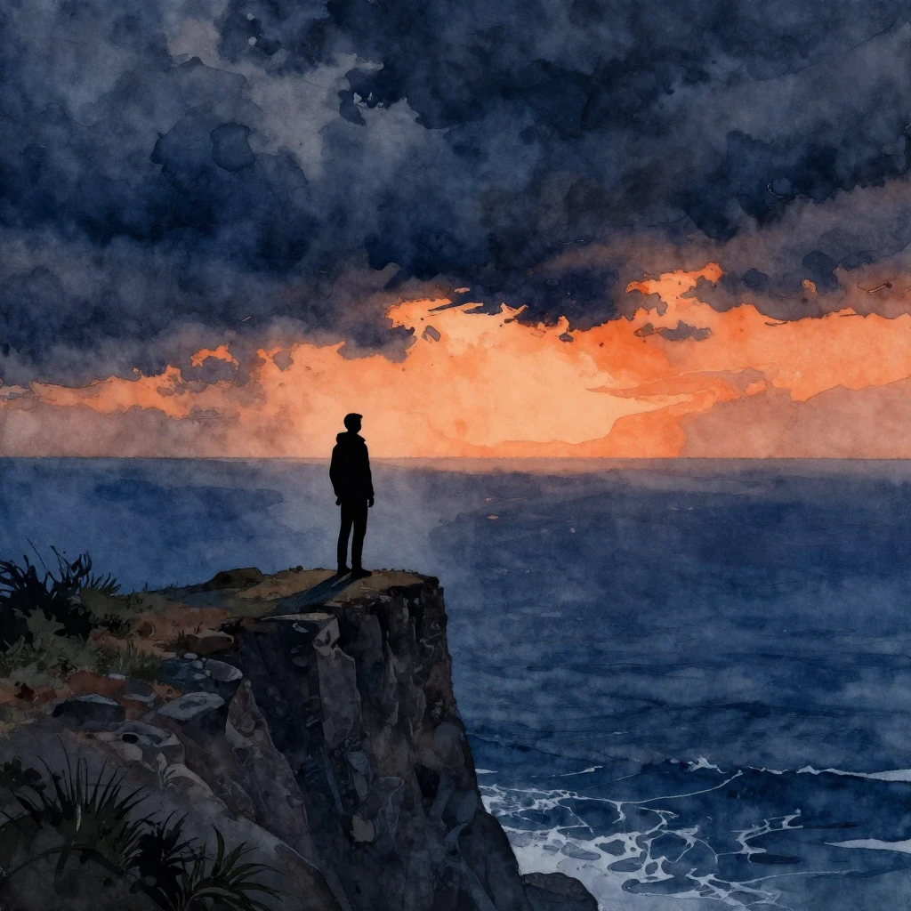 A solitary silhouette standing on a high cliff edge, gazing ...