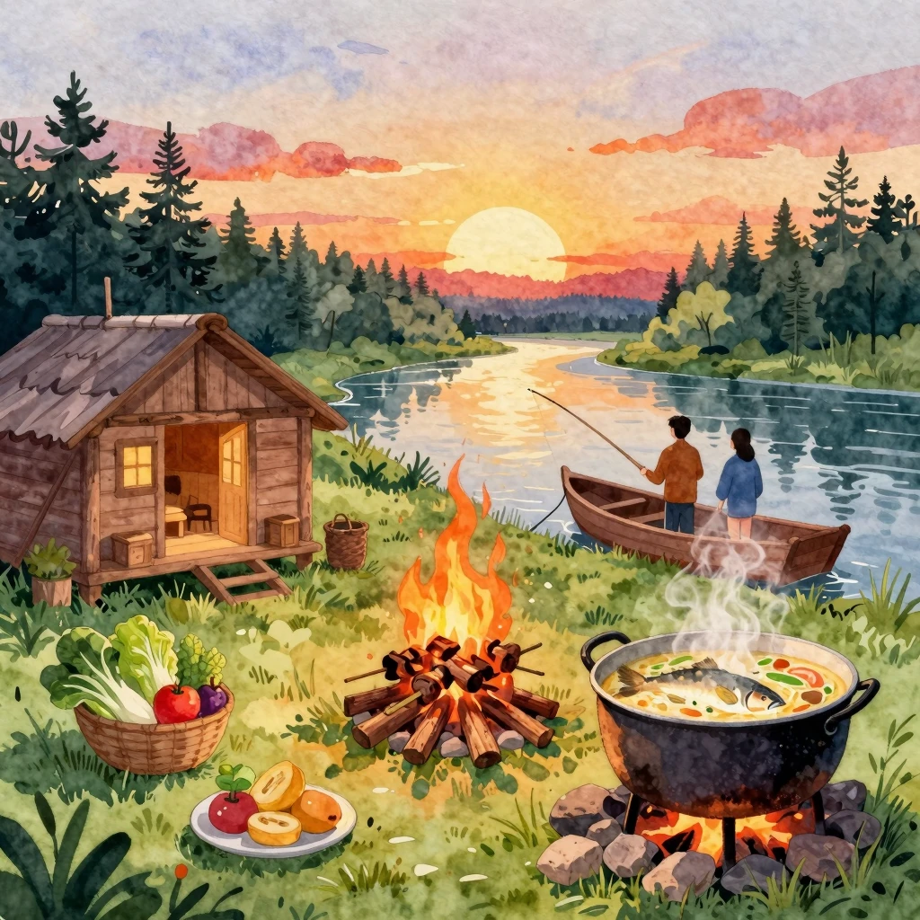 Vibrant watercolor style. Cozy dacha scene, campfire, shashl...