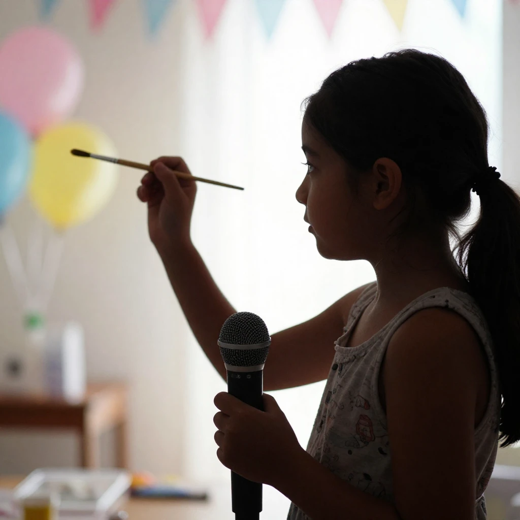 A silhouette of a young girl, seen from the side, holding a ...