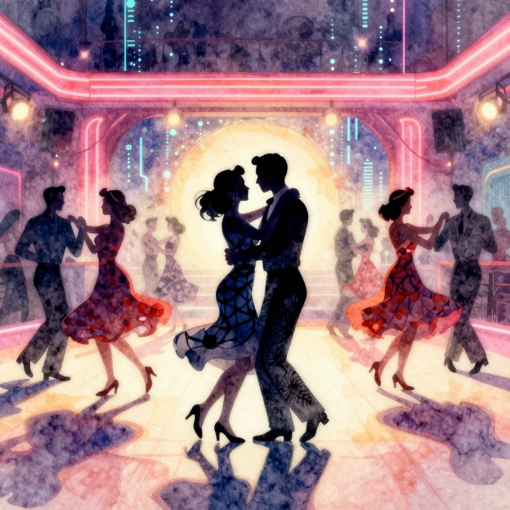 Vibrant watercolor illustration of a 1940s swing club dance ...