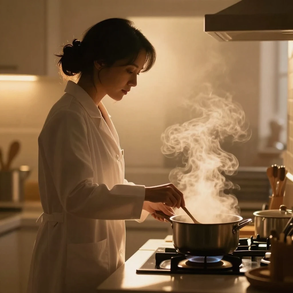 A silhouette of a woman in a white coat cooking in a warm ki...