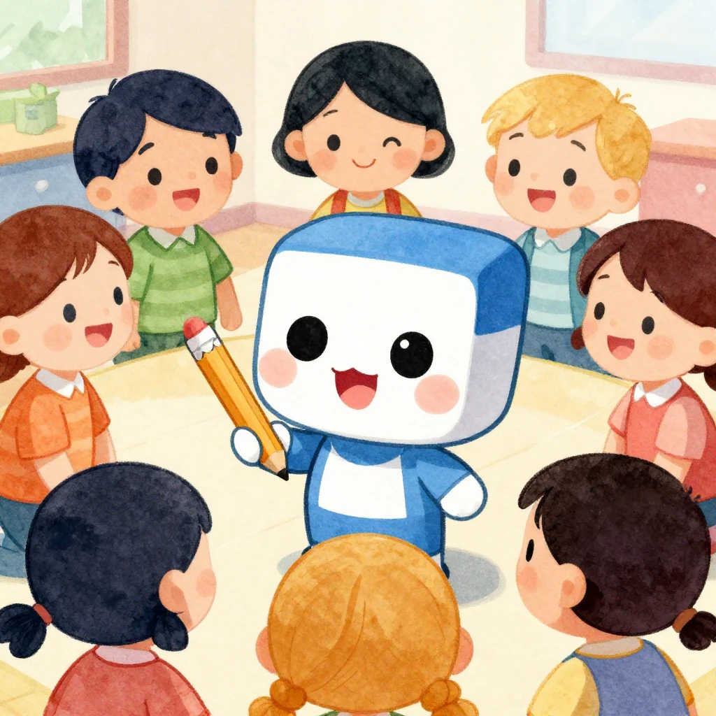 A cute, friendly cartoon eraser character, named Melkash, wi...