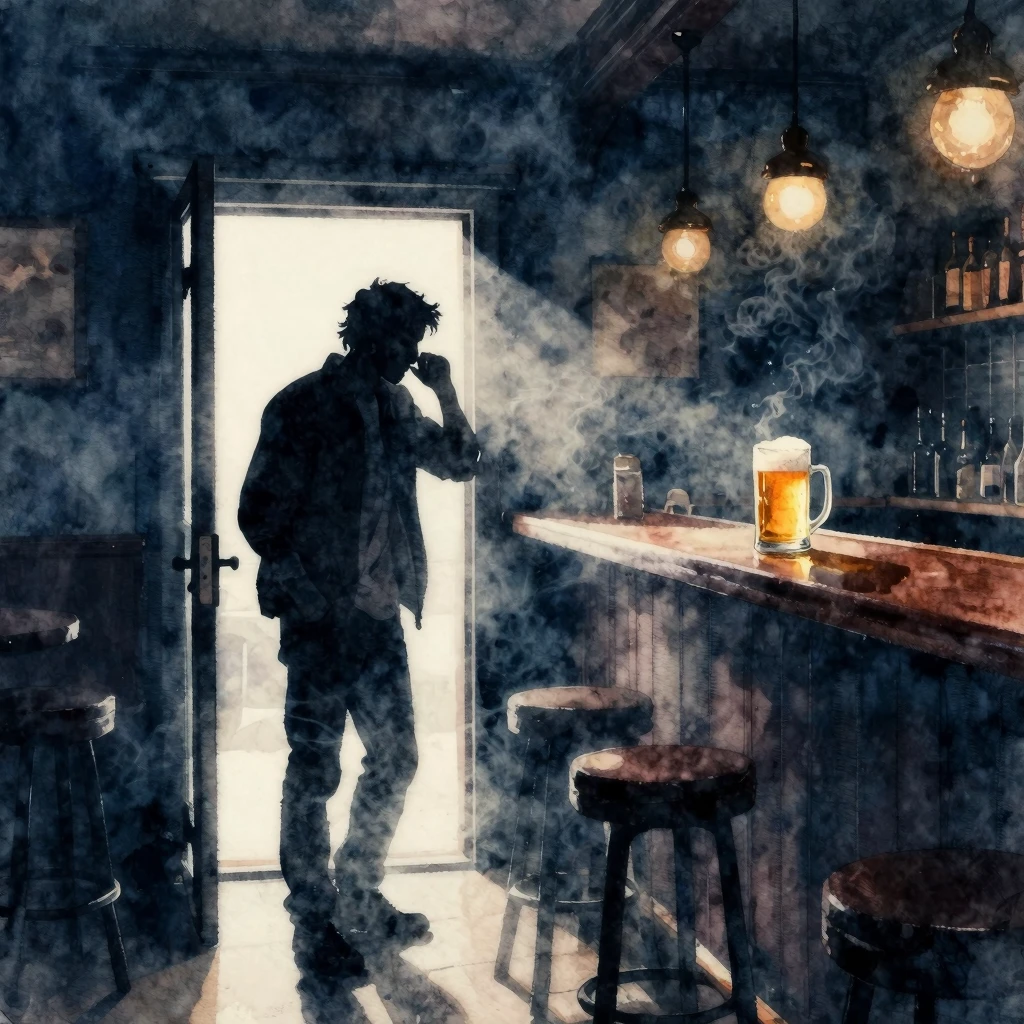 A dark, smoky blues bar interior in watercolor style. A silh...