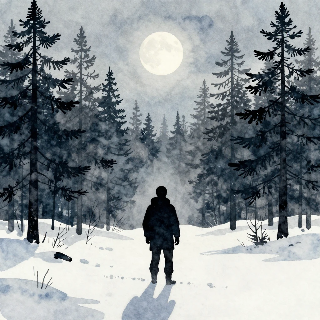 Watercolor style. A dark silhouette of a lone hunter standin...