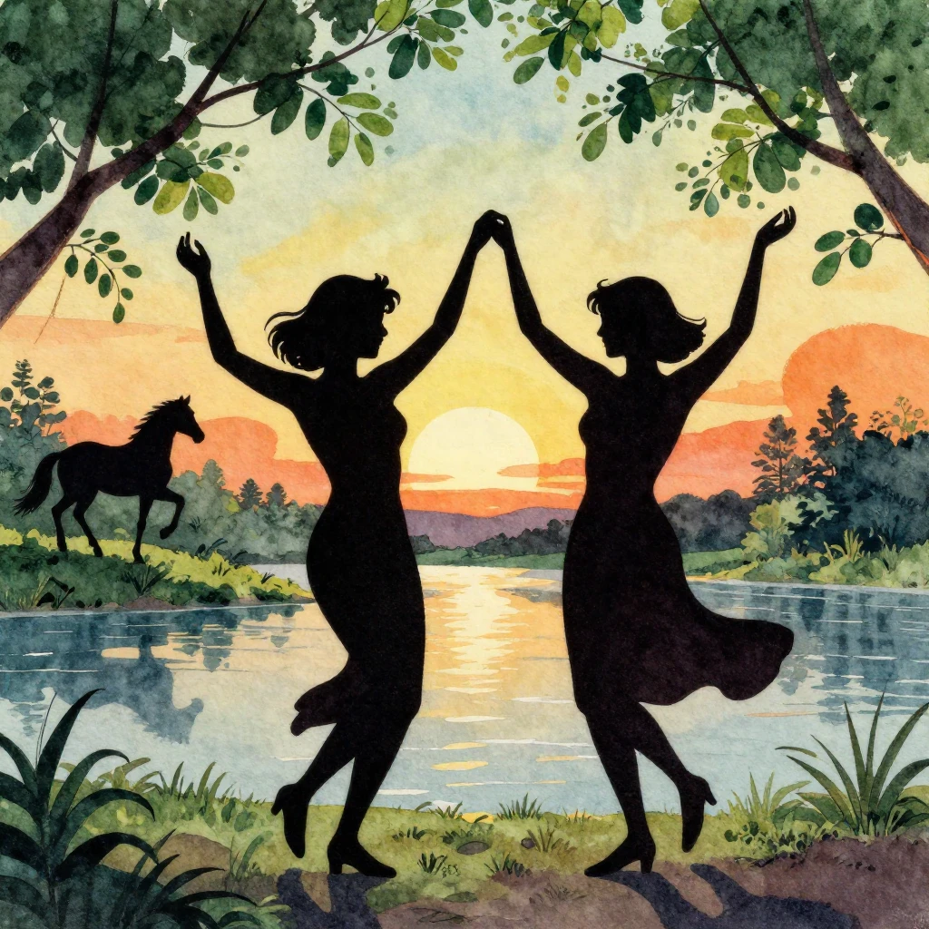 Silhouettes of two women dancing joyfully, symbolizing siste...