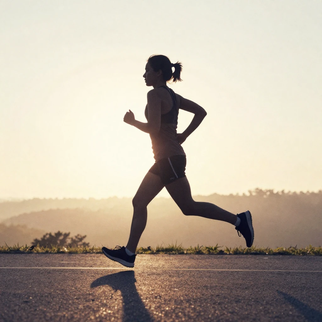 A watercolor silhouette of a person jogging on a path during...