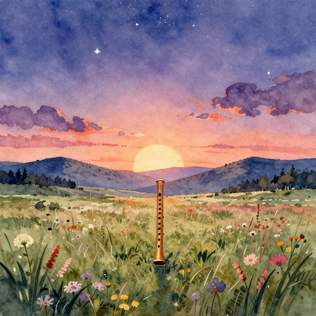 A vibrant watercolor scene with a pan flute subtly integrate...