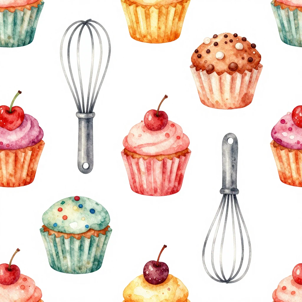 Vibrant watercolor illustration focusing on baking elements....
