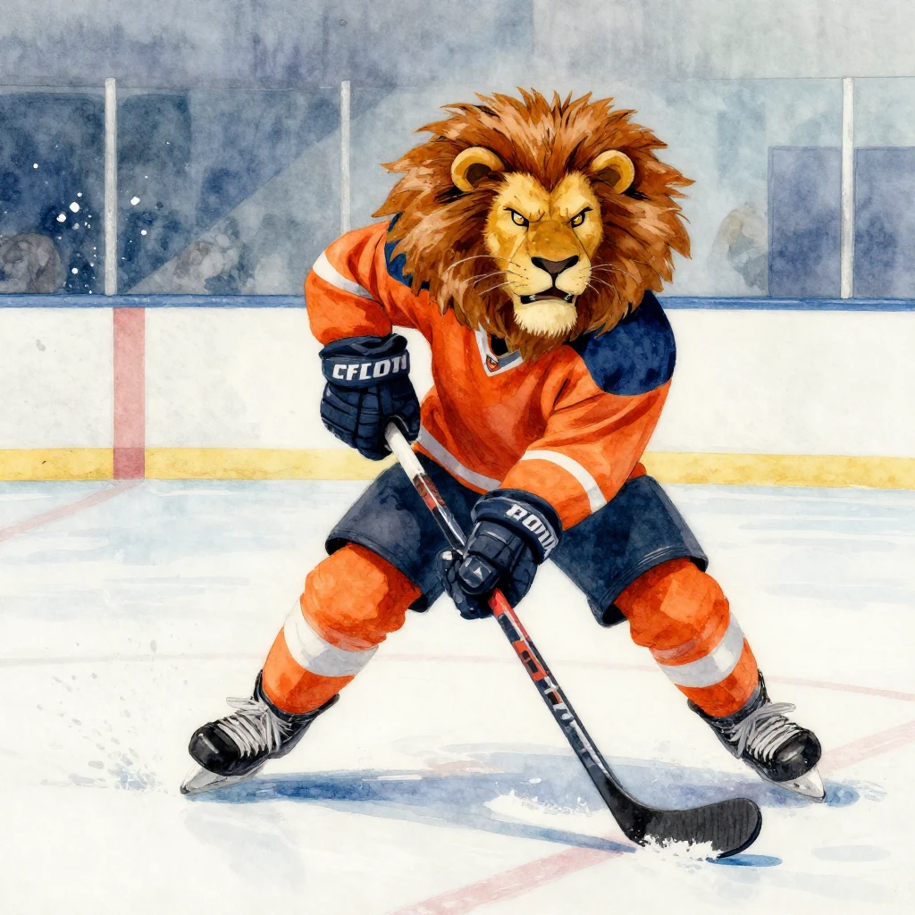 Vibrant watercolor style, dynamic ice hockey scene. Stylized...