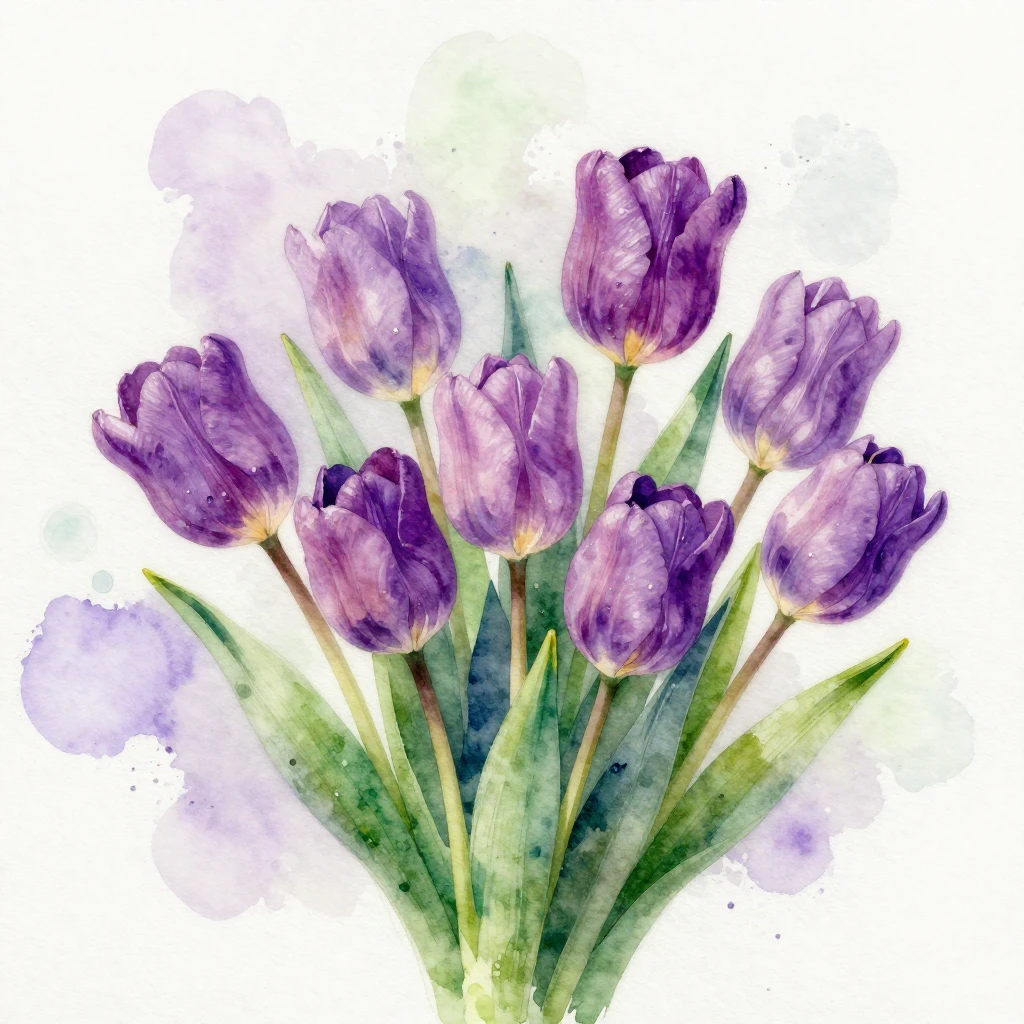 A vibrant watercolor painting of a bouquet of purple tulips....