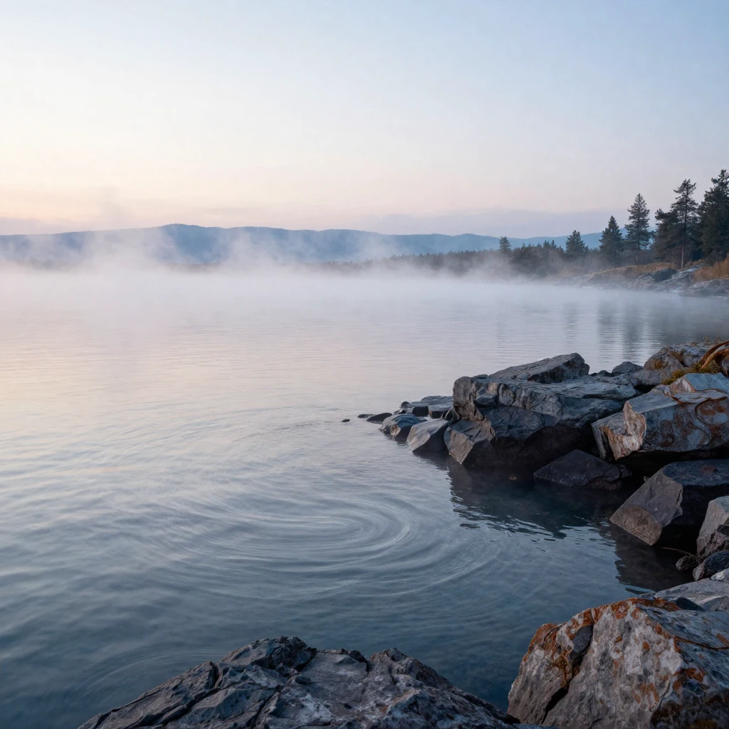A mystical, ethereal landscape of Lake Baikal at dawn, with ...