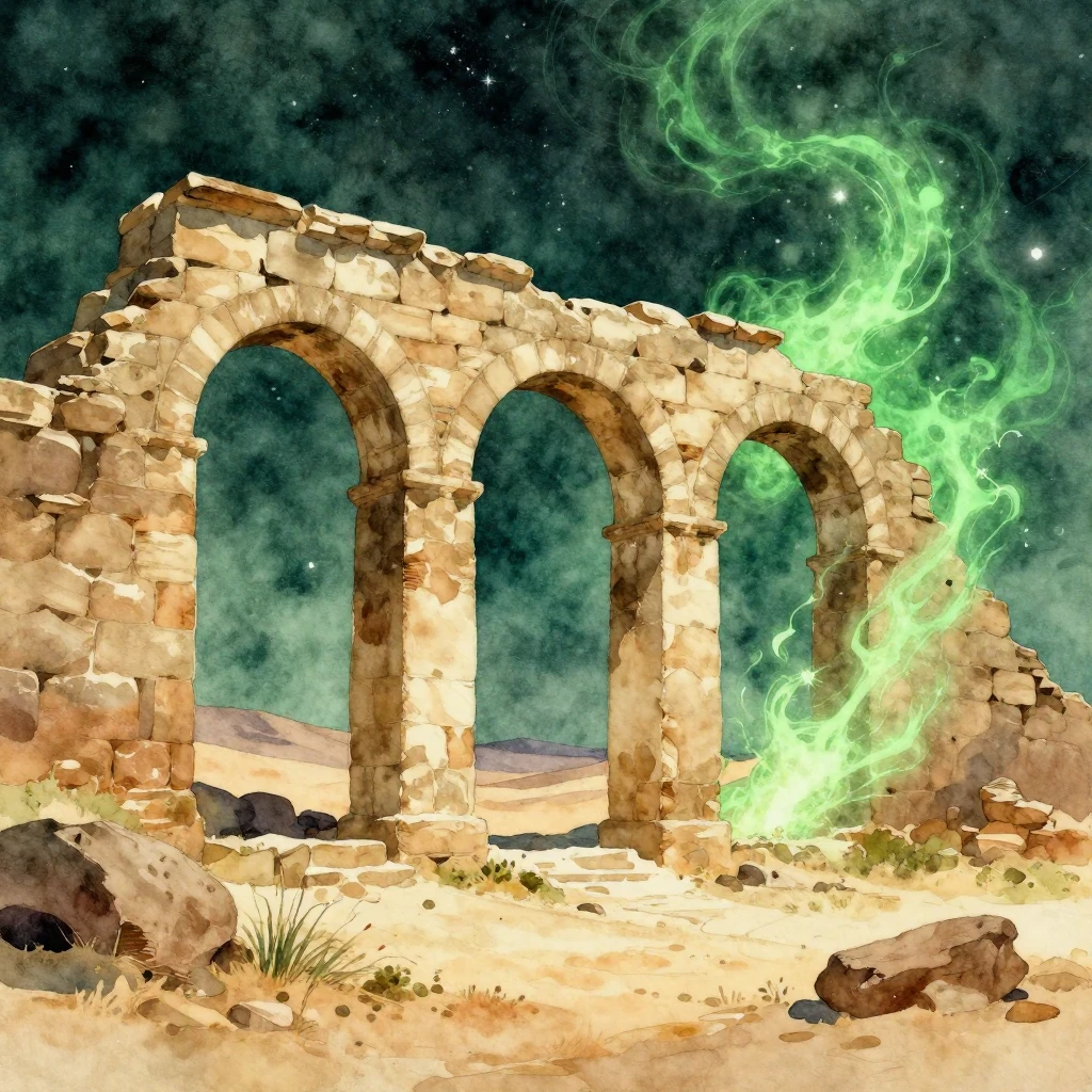Watercolor style. Ancient stone arches in desert ruins, omin...