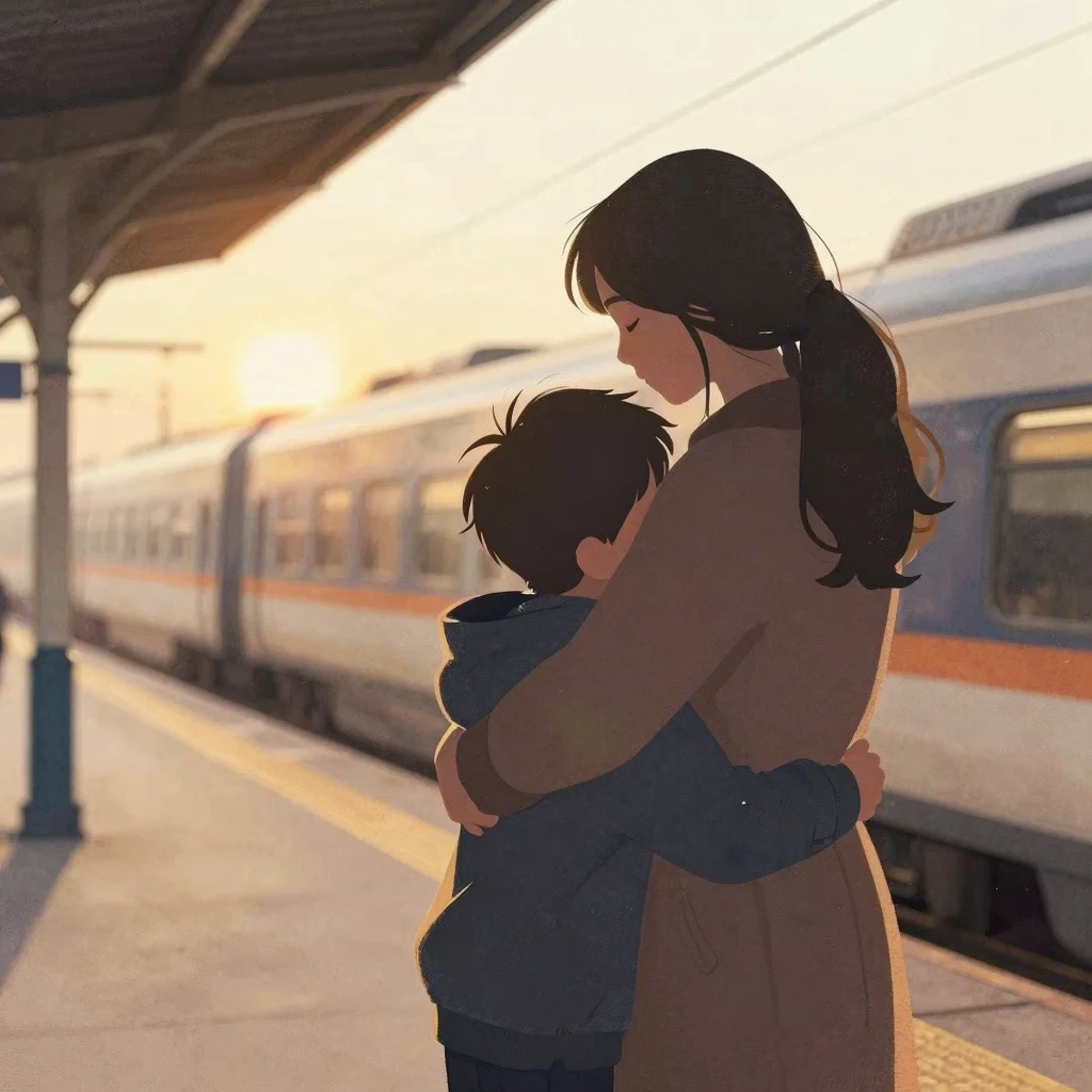 Watercolor painting of a warm silhouette of a mother hugging...
