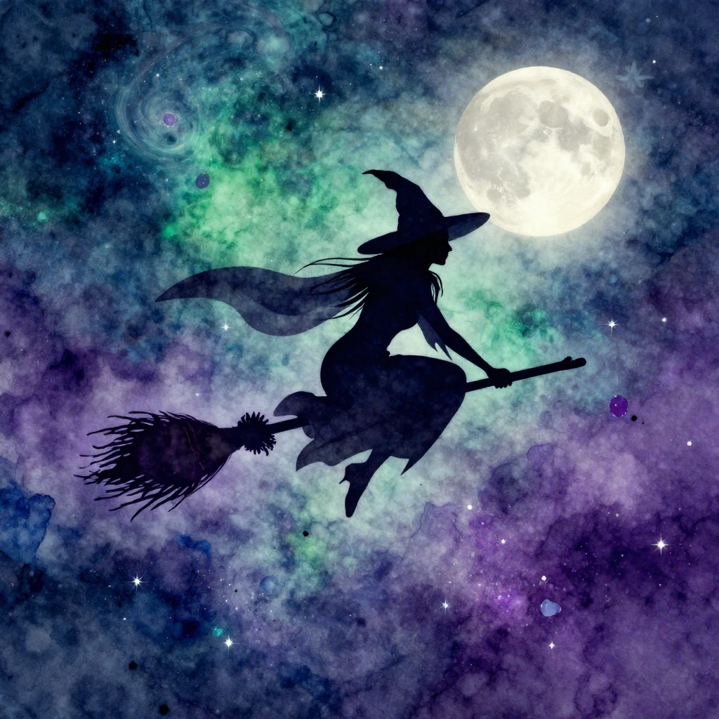 A vibrant watercolor silhouette of a witch on a broomstick f...