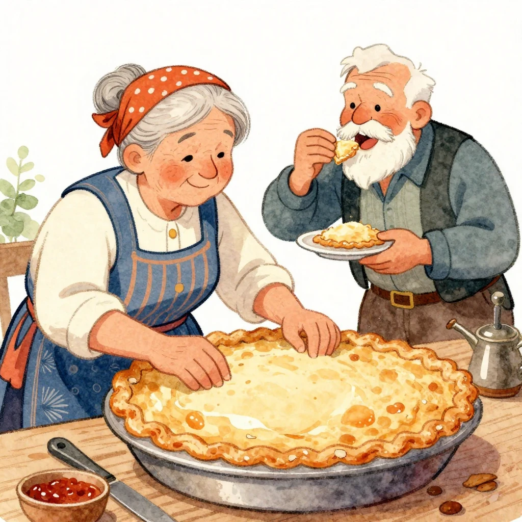 Vibrant watercolor style folk art illustration of an old wom...