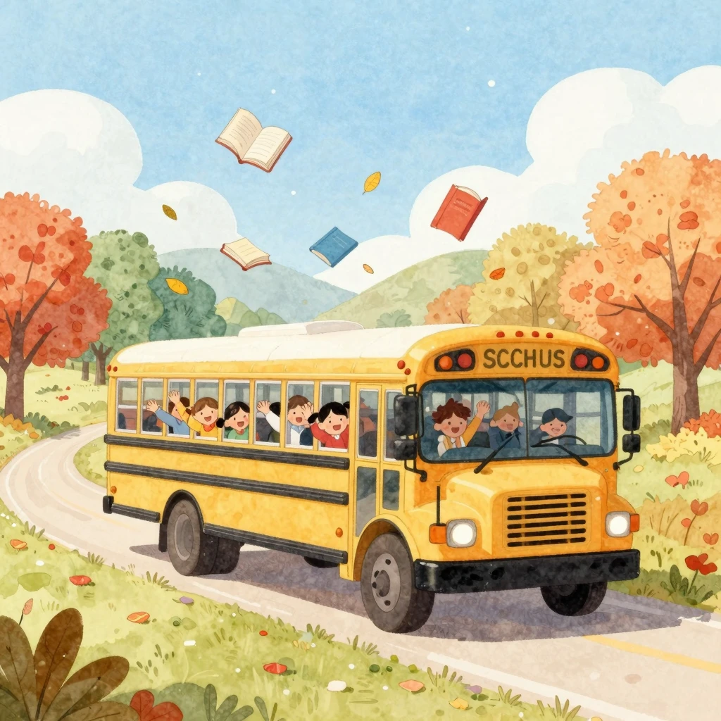 A whimsical watercolor illustration of a school bus driving ...