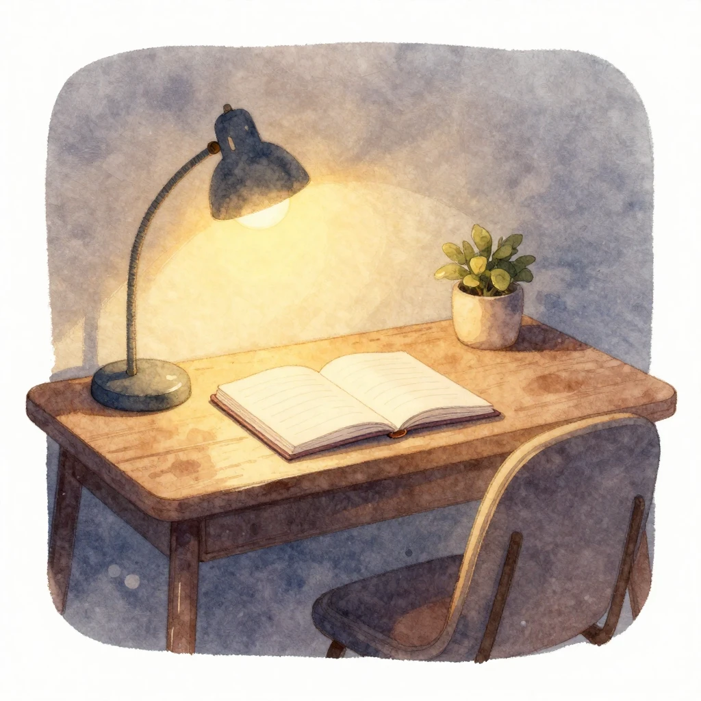 A cozy, inviting writing space at night, illuminated by a wa...