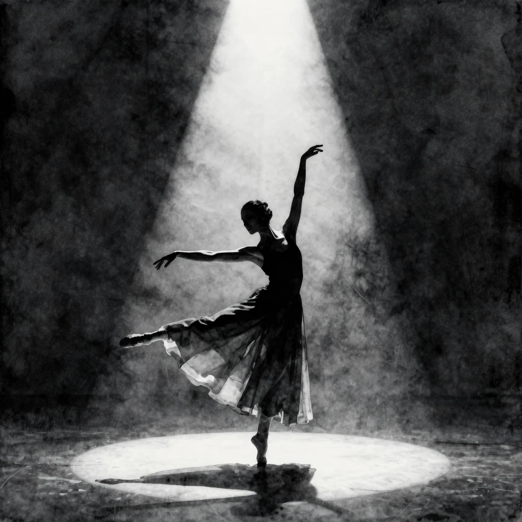 Watercolor style. A dark stage with a single bright spotligh...