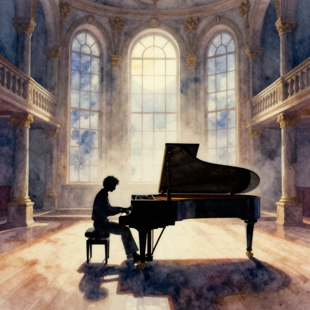 A watercolor painting of a silhouette of a lonely pianist pl...