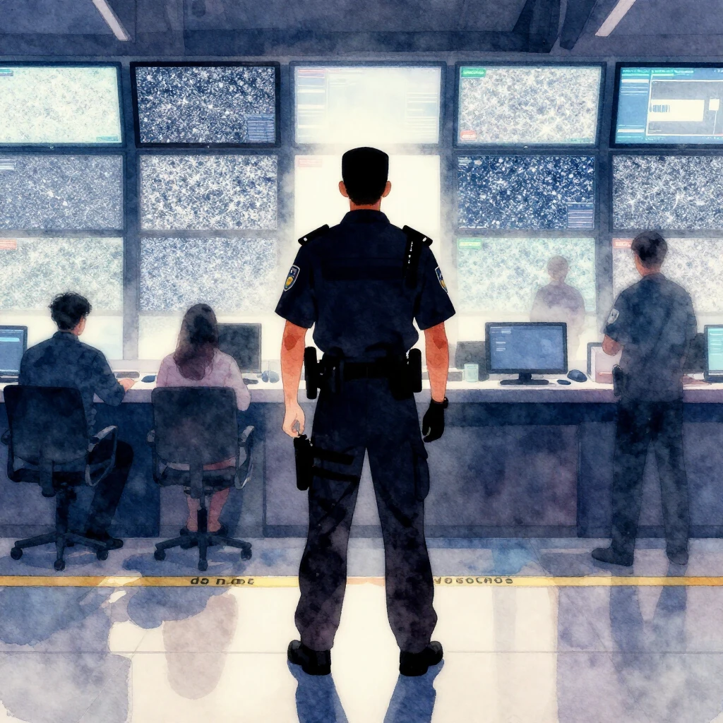 Vibrant watercolor style. A security guard's silhouette in a...
