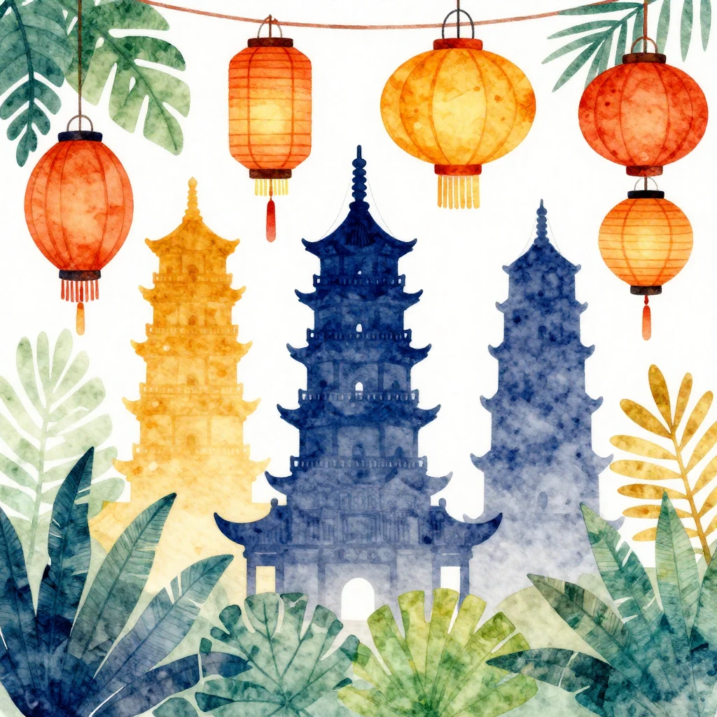 Vibrant watercolor style illustration depicting travel to Ch...