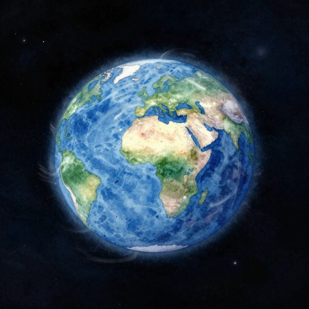 A watercolor illustration of a tiny, vibrant blue planet see...