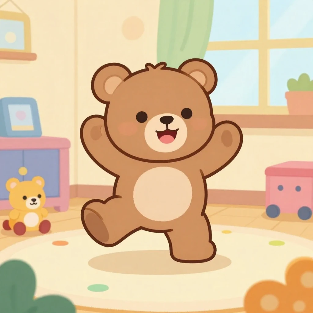 Bright cartoon style illustration, a cheerful teddy bear dan...