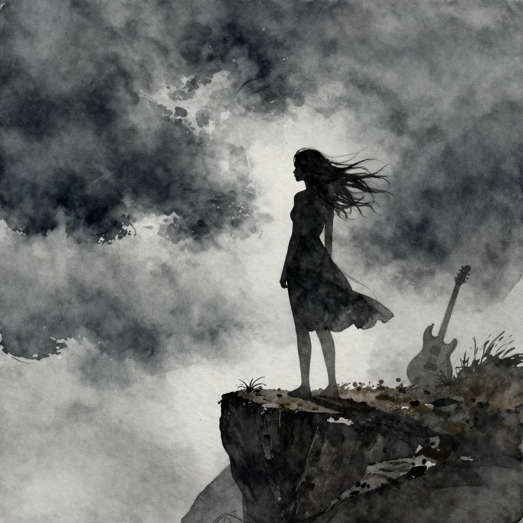 A watercolor painting depicting the silhouette of a woman st...