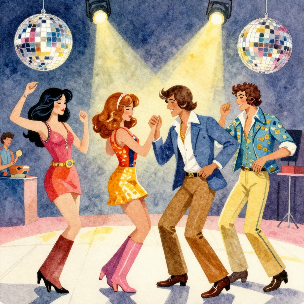 A vibrant watercolor style illustration depicting a retro 70...