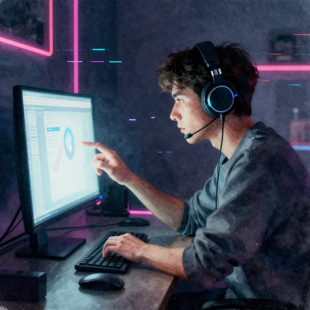 A watercolor style image. A person wearing headphones, inter...