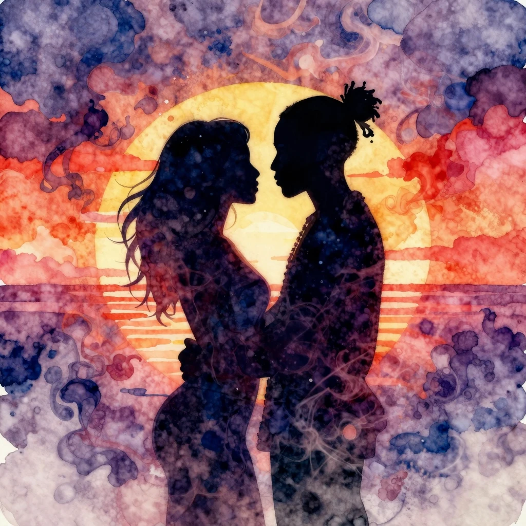 Vibrant watercolor style. Hip-hop album art: silhouette of a...