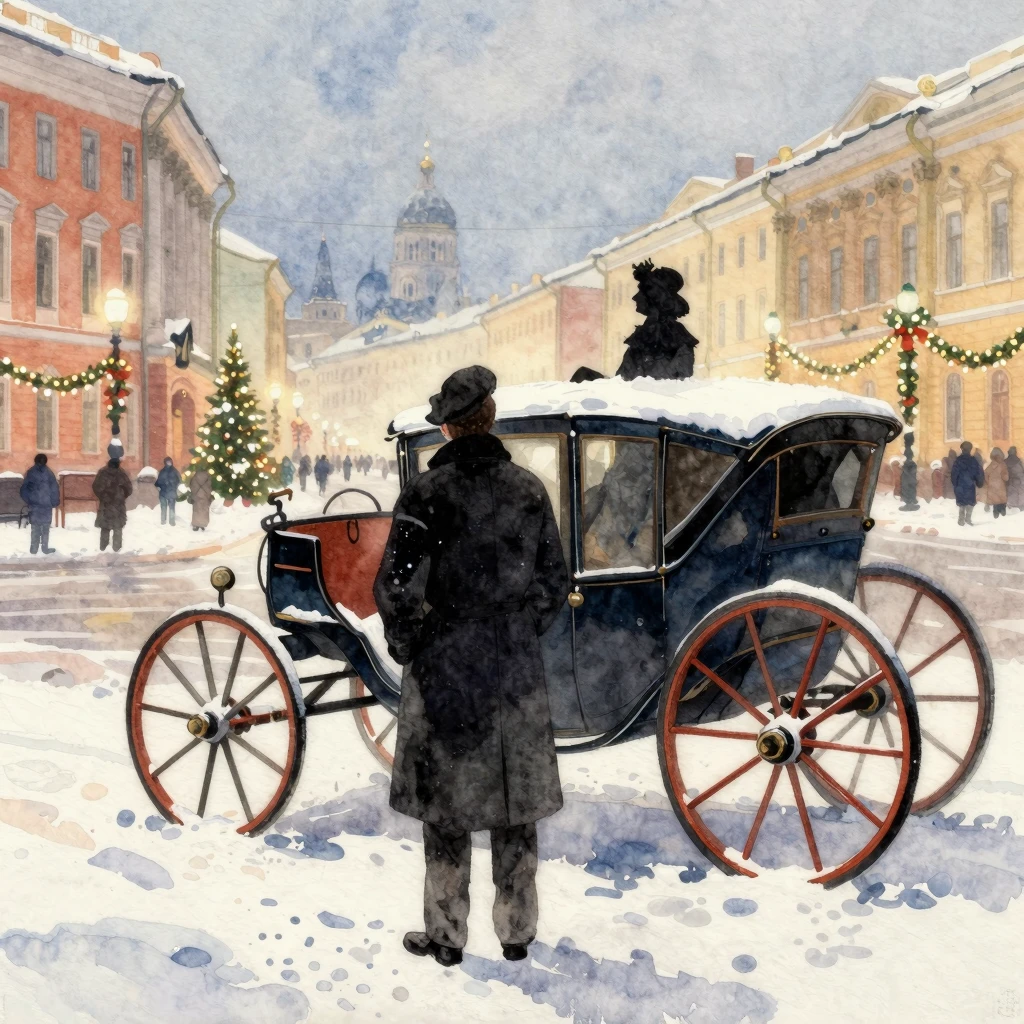 Watercolor painting of a snowy 19th-century street in Saint ...