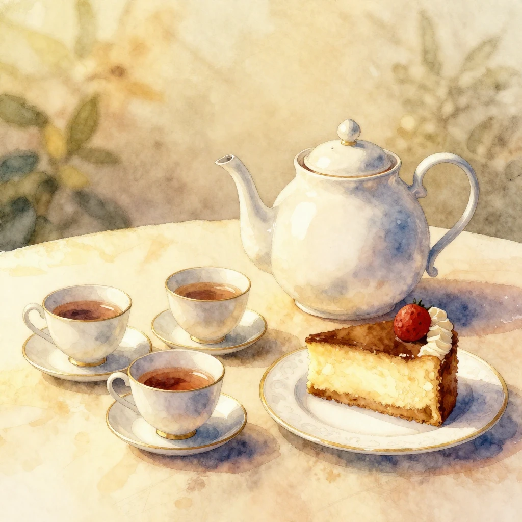 Watercolor style. A table with a teapot, teacups, and a cake...