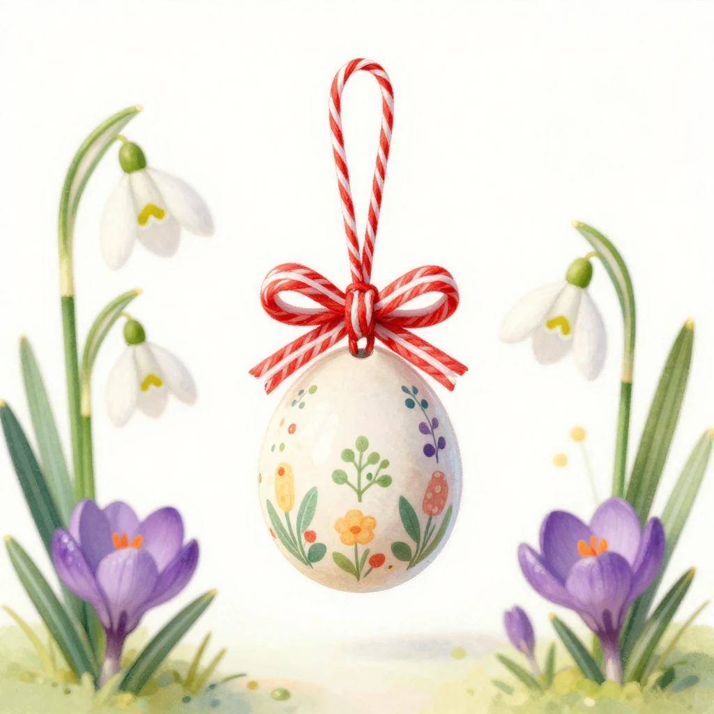 A whimsical illustration of a traditional Mărțișor charm wit...