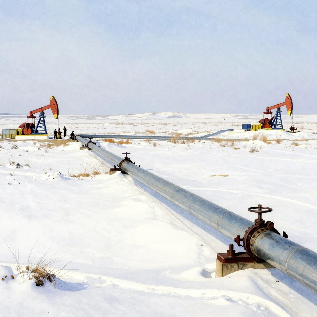 Long pipelines stretching across a vast, snowy, remote north...