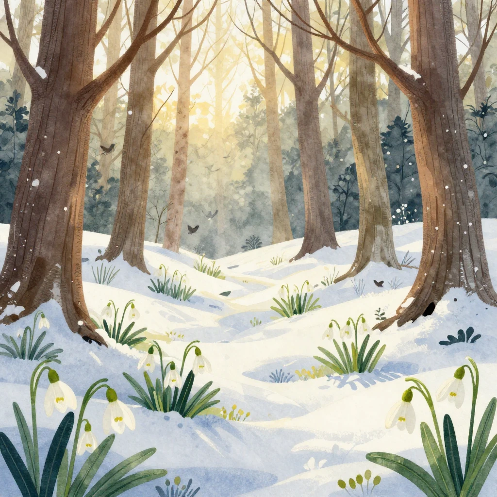 A detailed watercolor and vector art illustration of a snowy...