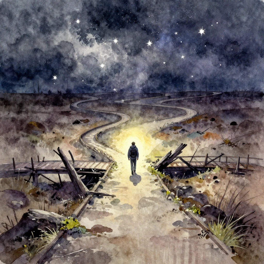 An artistic depiction of a solitary figure's journey through...