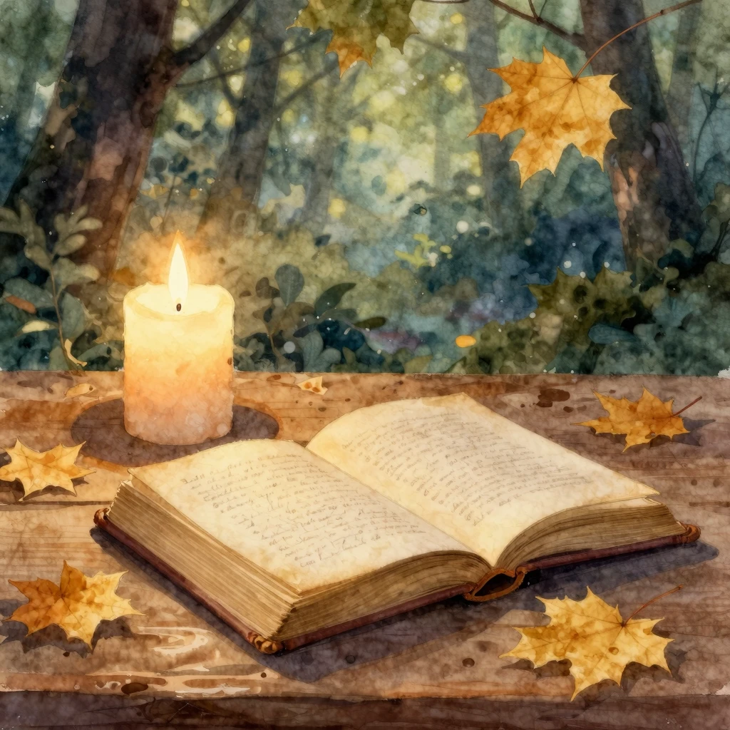 A candlelit reading scene with an old vintage book on a wood...
