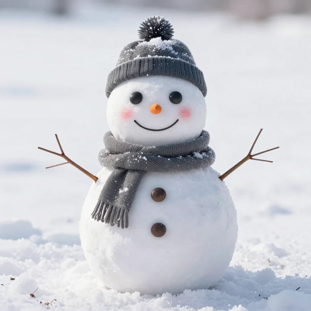 A friendly, smiling snowman wearing a hat and scarf, standin...