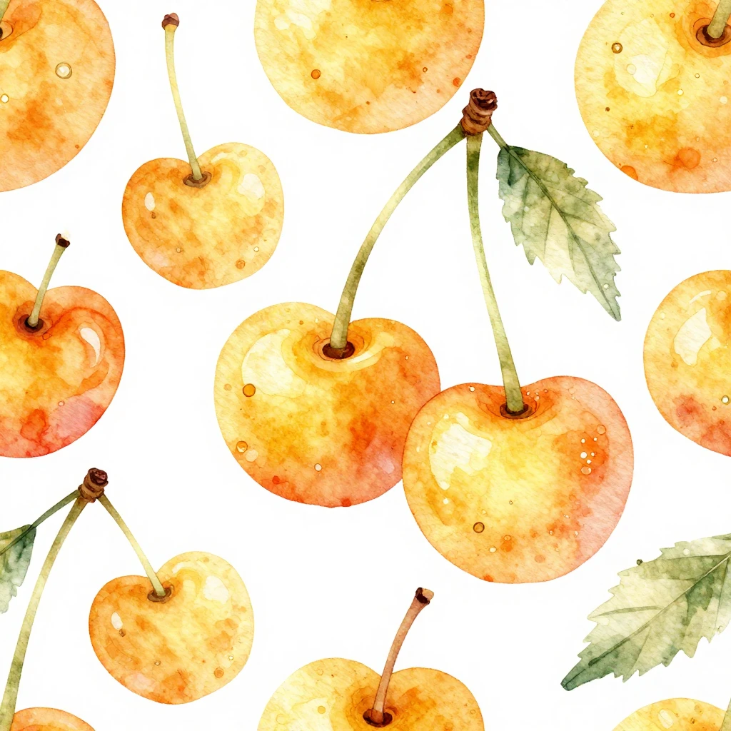 A vibrant watercolor illustration of stylized golden cherrie...