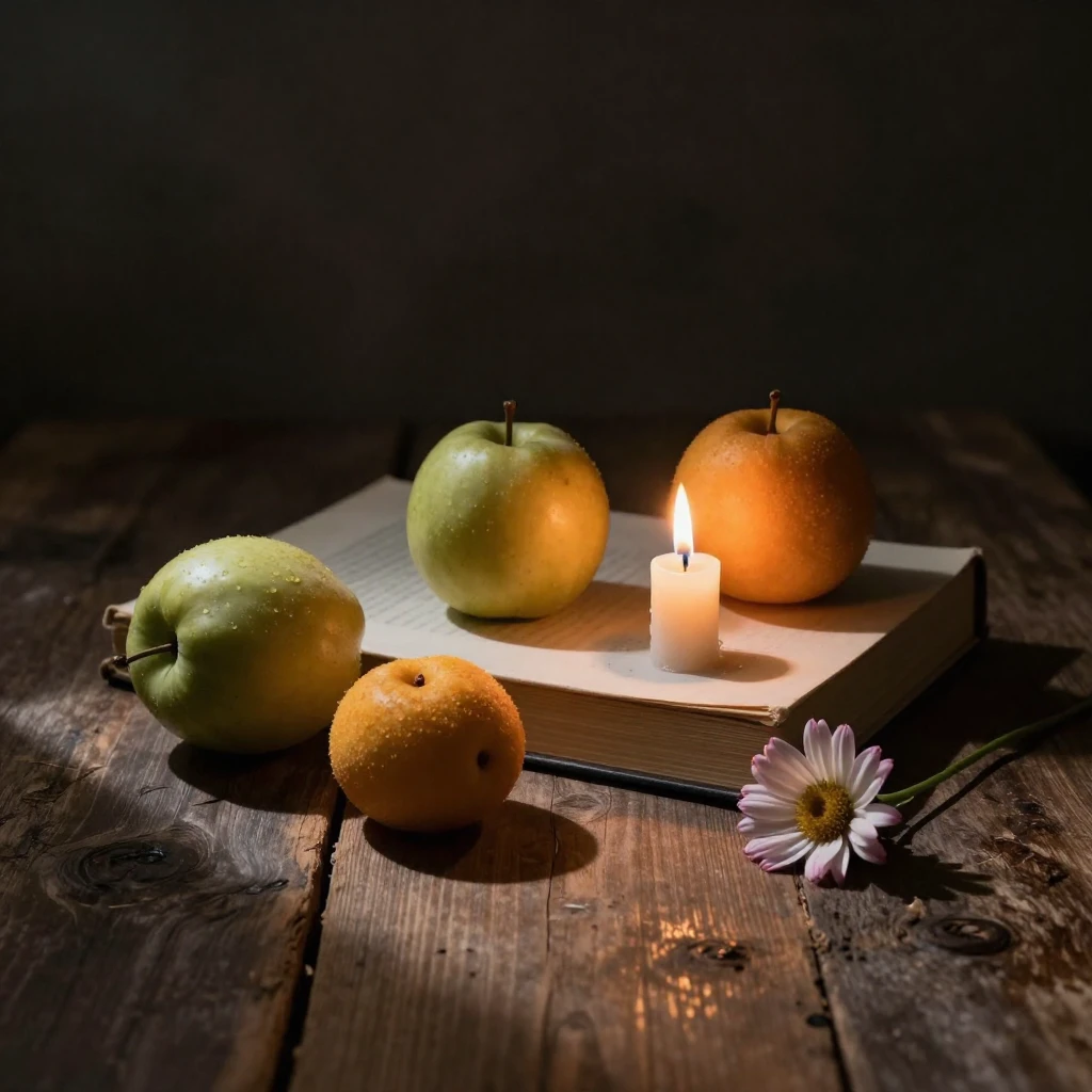 A still life composition featuring simple objects like fruit...